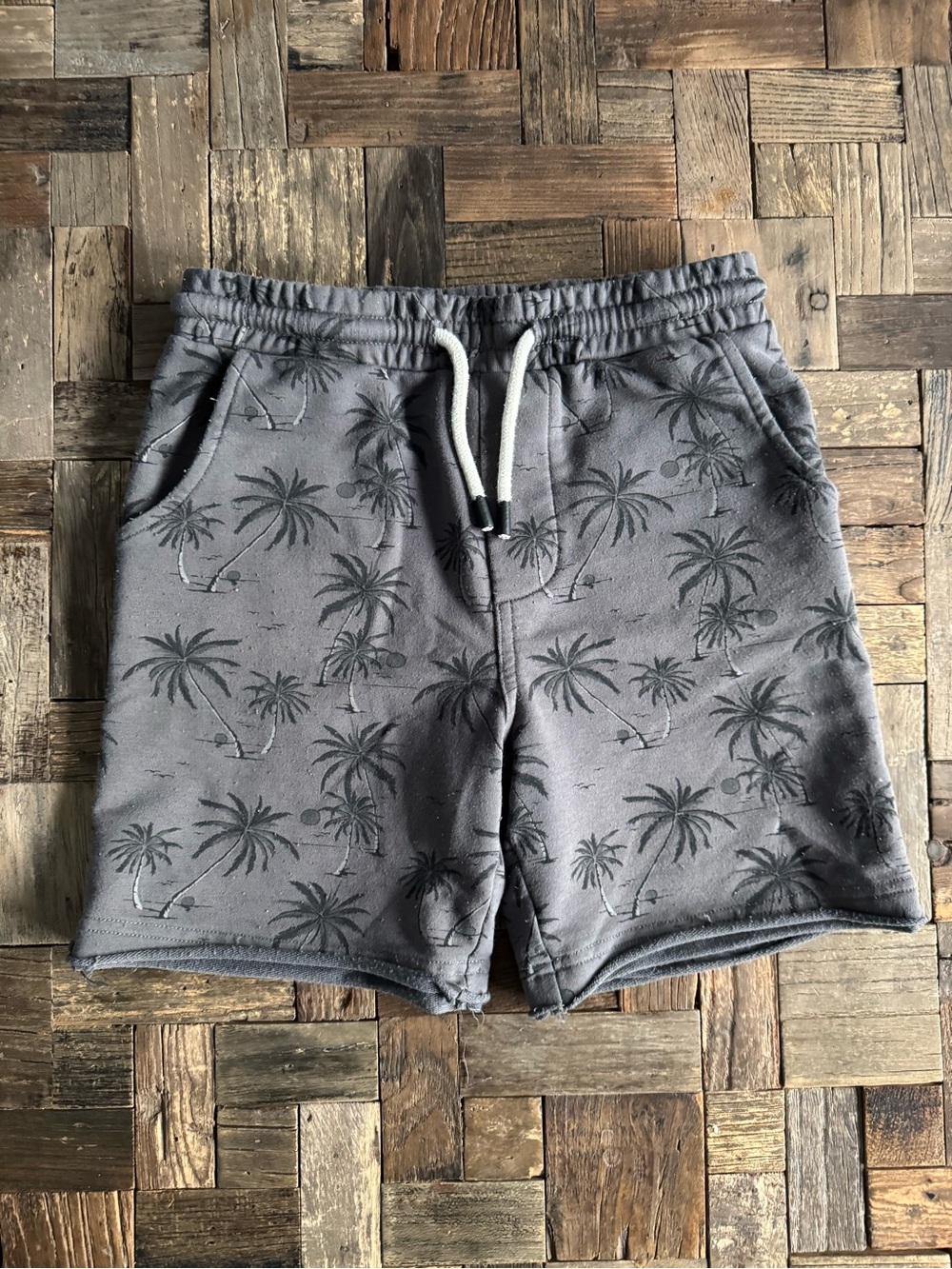 Gray Palm-Print Athletic Drawstring Shorts